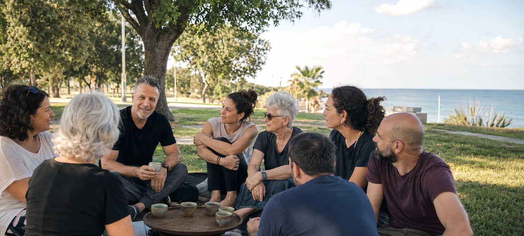 רז וקבוצה בגילים שונים נפגשים לתרגול ולתה ליד הים